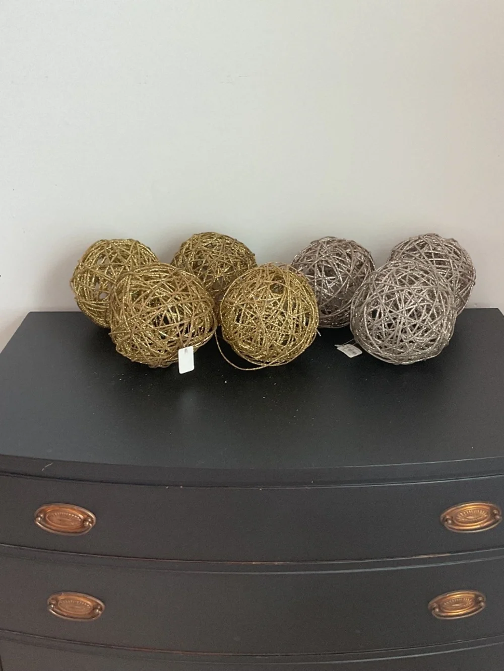 Pier 1 set of 7 Gold & Silver Glitter Round Wood Orbs Balls Holiday Decor